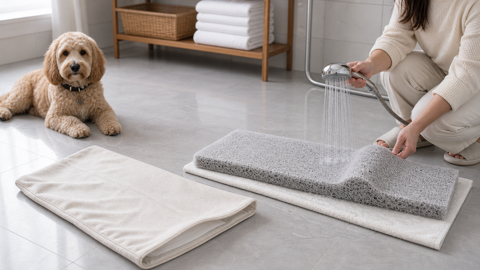 Furizen Zenest Ridge™ dog bed cover and core being rinsed clean in a bathroom