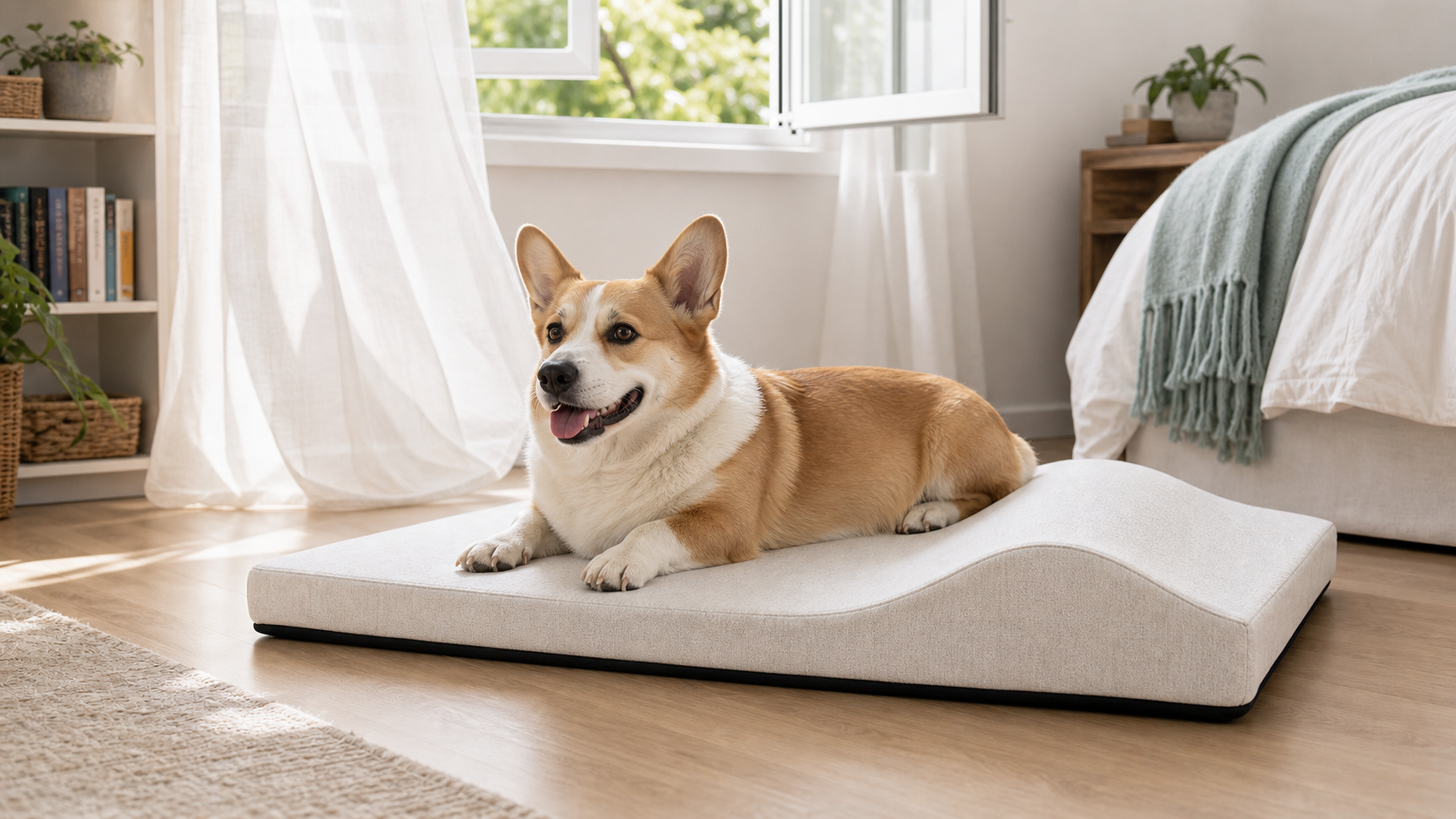 Corgi relaxing on Furizen Zenest Ridge™ dog bed in a bright bedroom