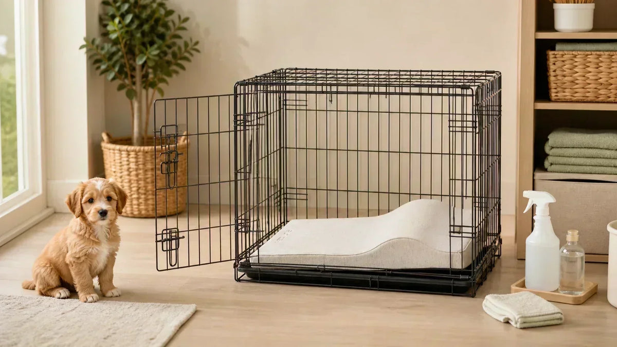 Puppy beside an open crate with a clean orthopedic bed