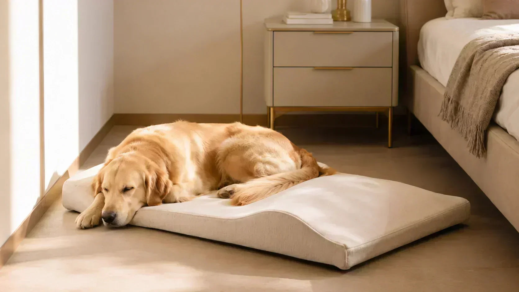 Golden retriever sleeping on a cream non-toxic orthopedic dog bed in a modern bedroom