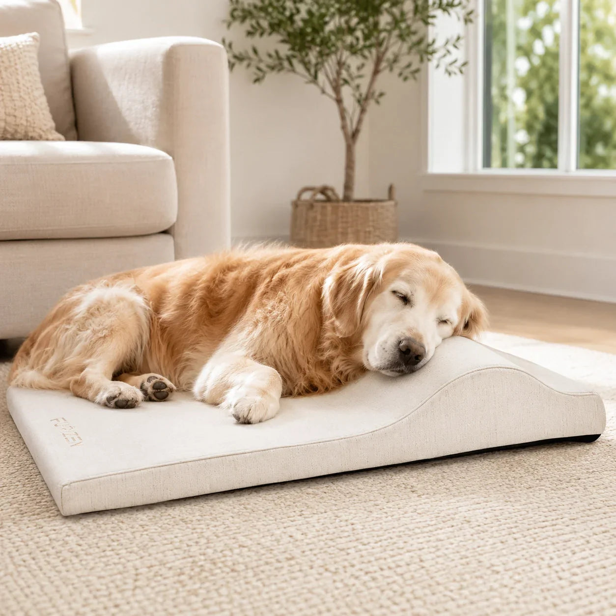 Senior golden retriever sleeping on an orthopedic dog bed in a bright living room