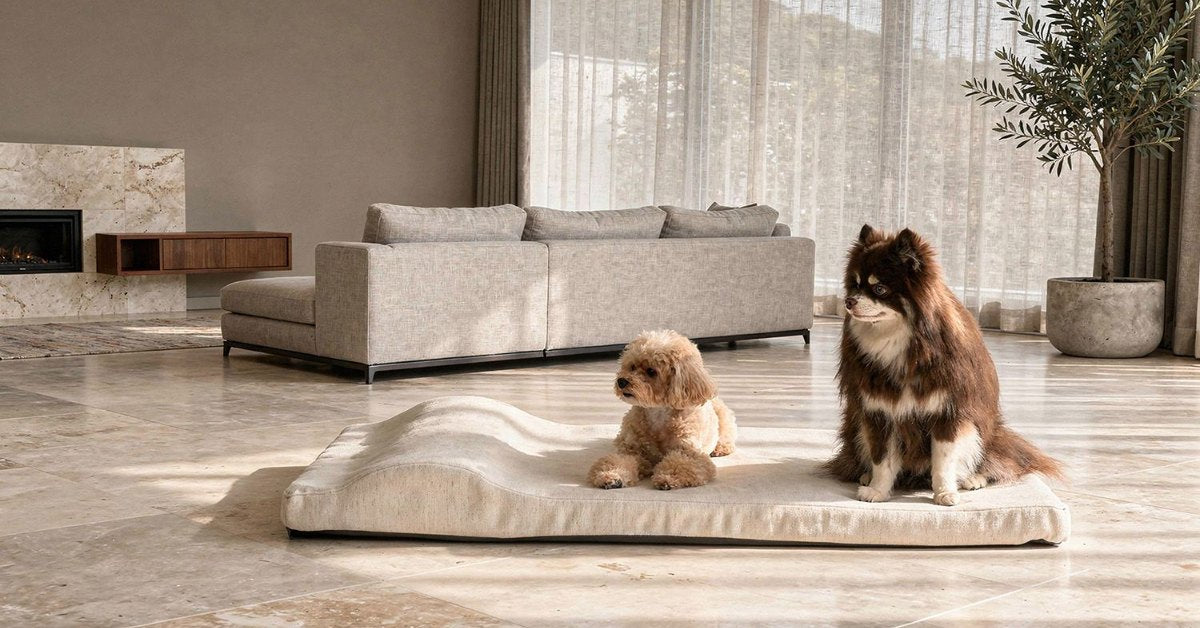 Two small dogs on a cream orthopedic dog bed in a modern living room