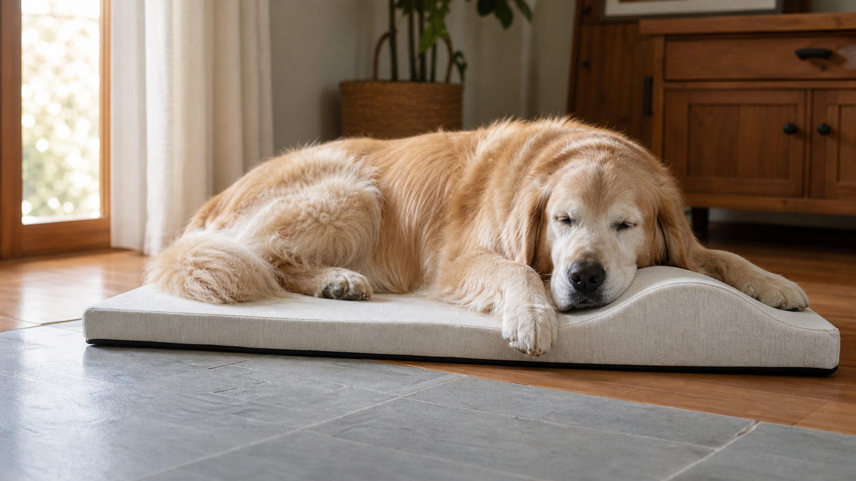 Senior golden retriever sleeping on Furizen Zenest Ridge™ dog bed at home