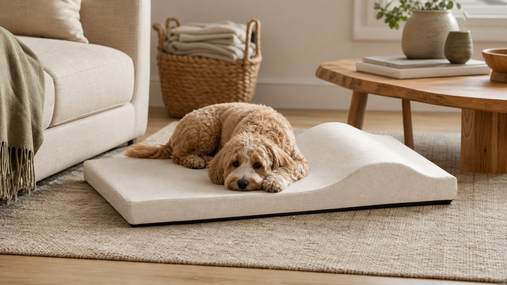 Small dog resting on Furizen Zenest Ridge™ dog bed in a cozy living room
