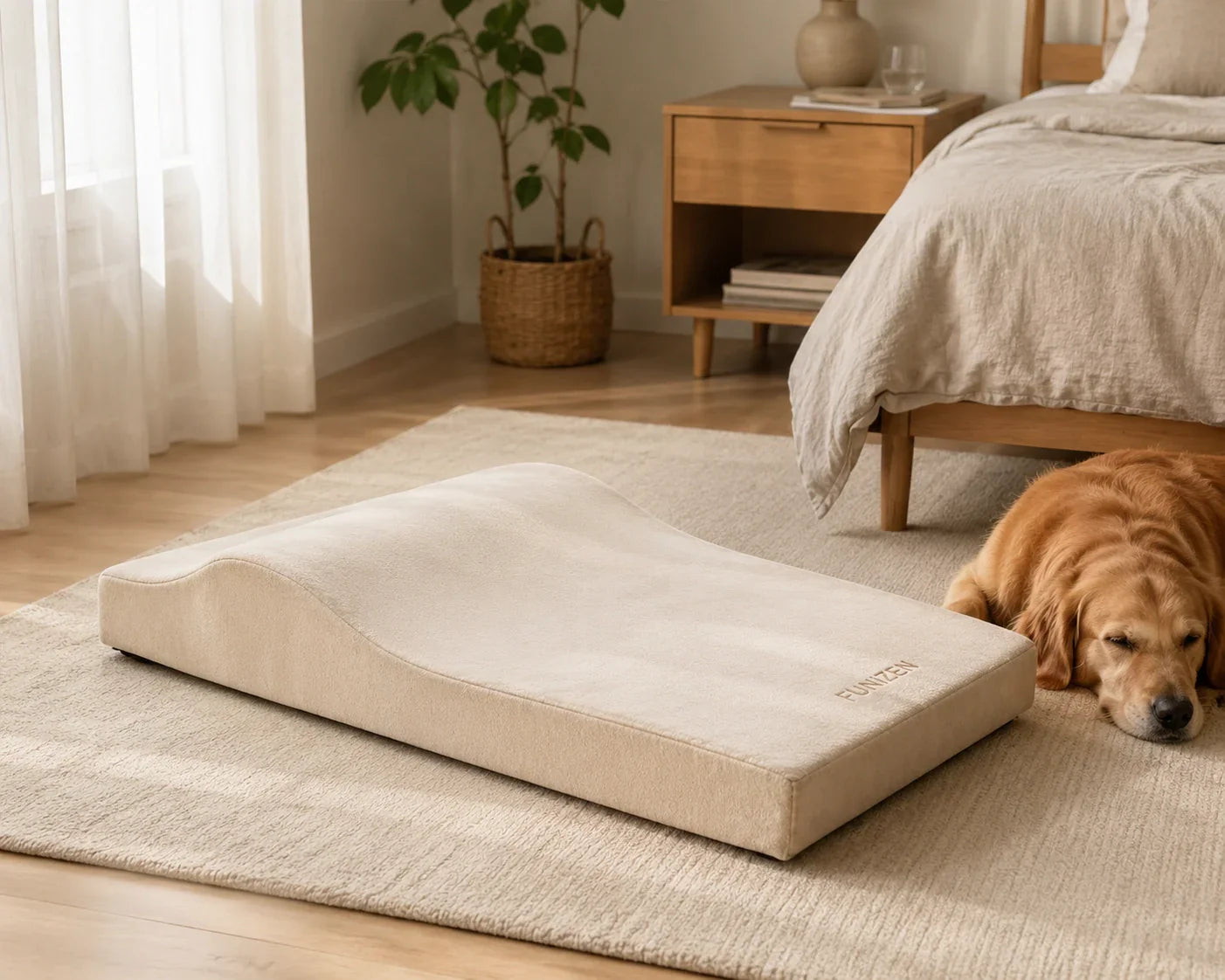 Cream orthopedic dog bed beside a sleeping golden retriever in a sunlit bedroom