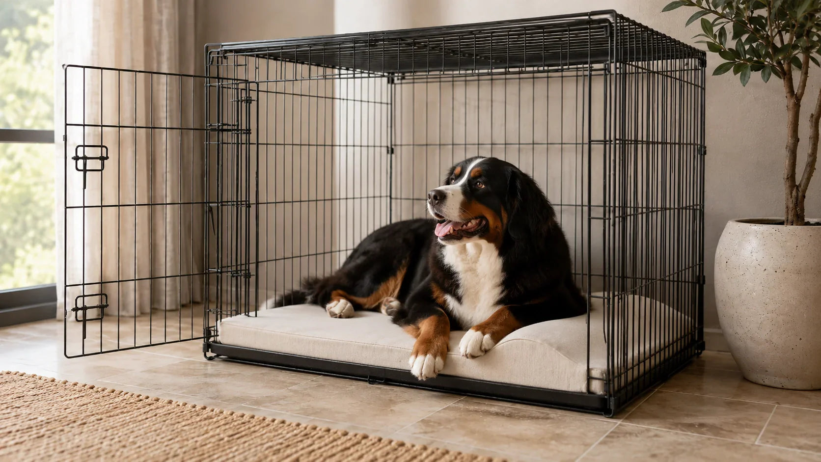 Large dog resting on a waterproof crate pad inside an open dog crate