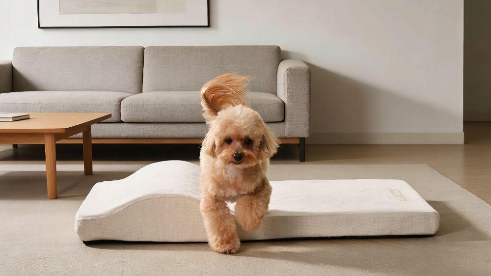 Small fluffy dog stepping onto a clean white orthopedic dog bed