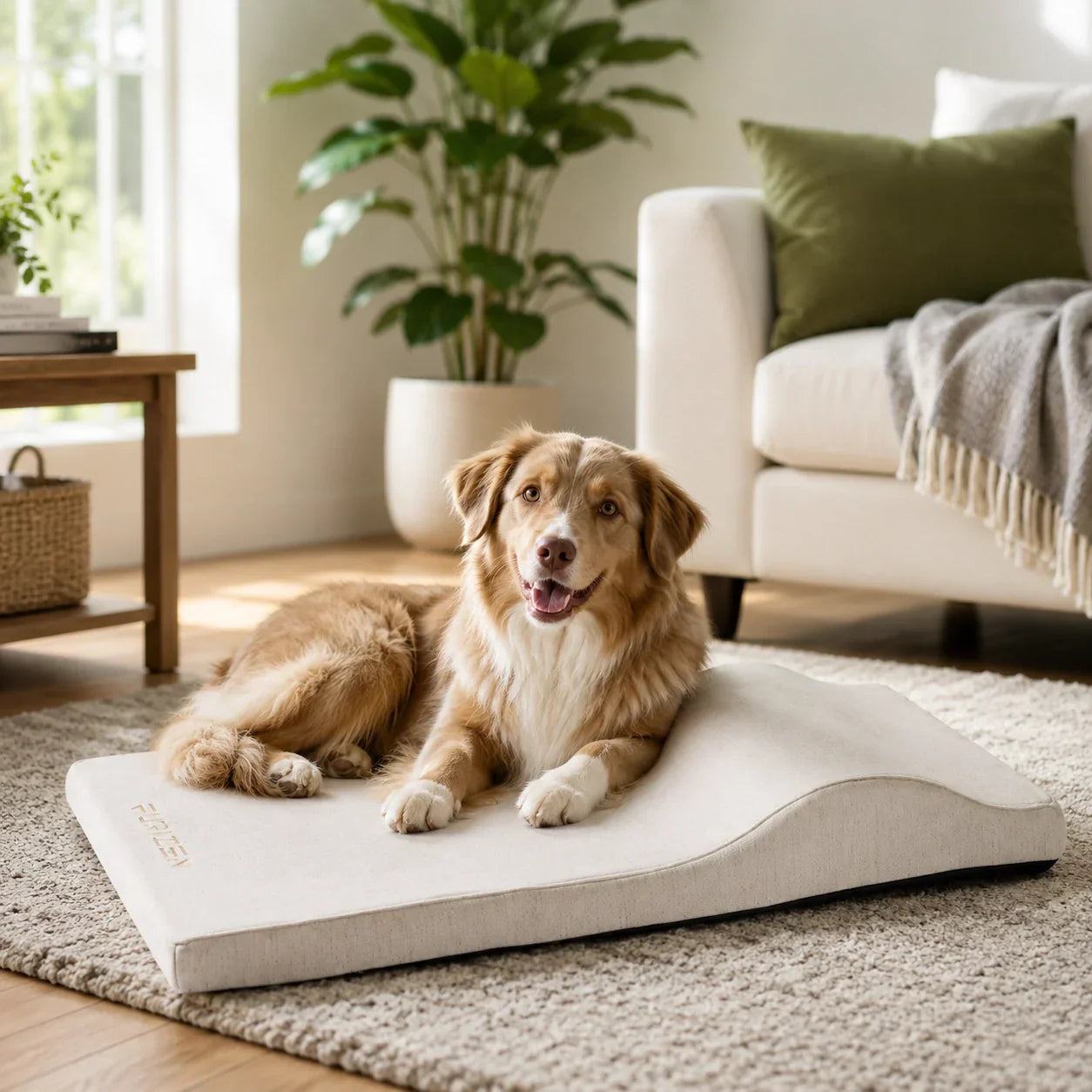 Happy dog relaxing on an odor resistant dog bed in a fresh living room