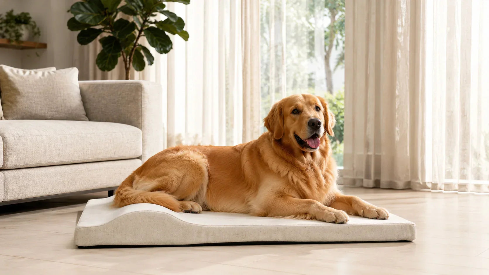 Golden Retriever resting on a breathable dog bed in a bright summer living room