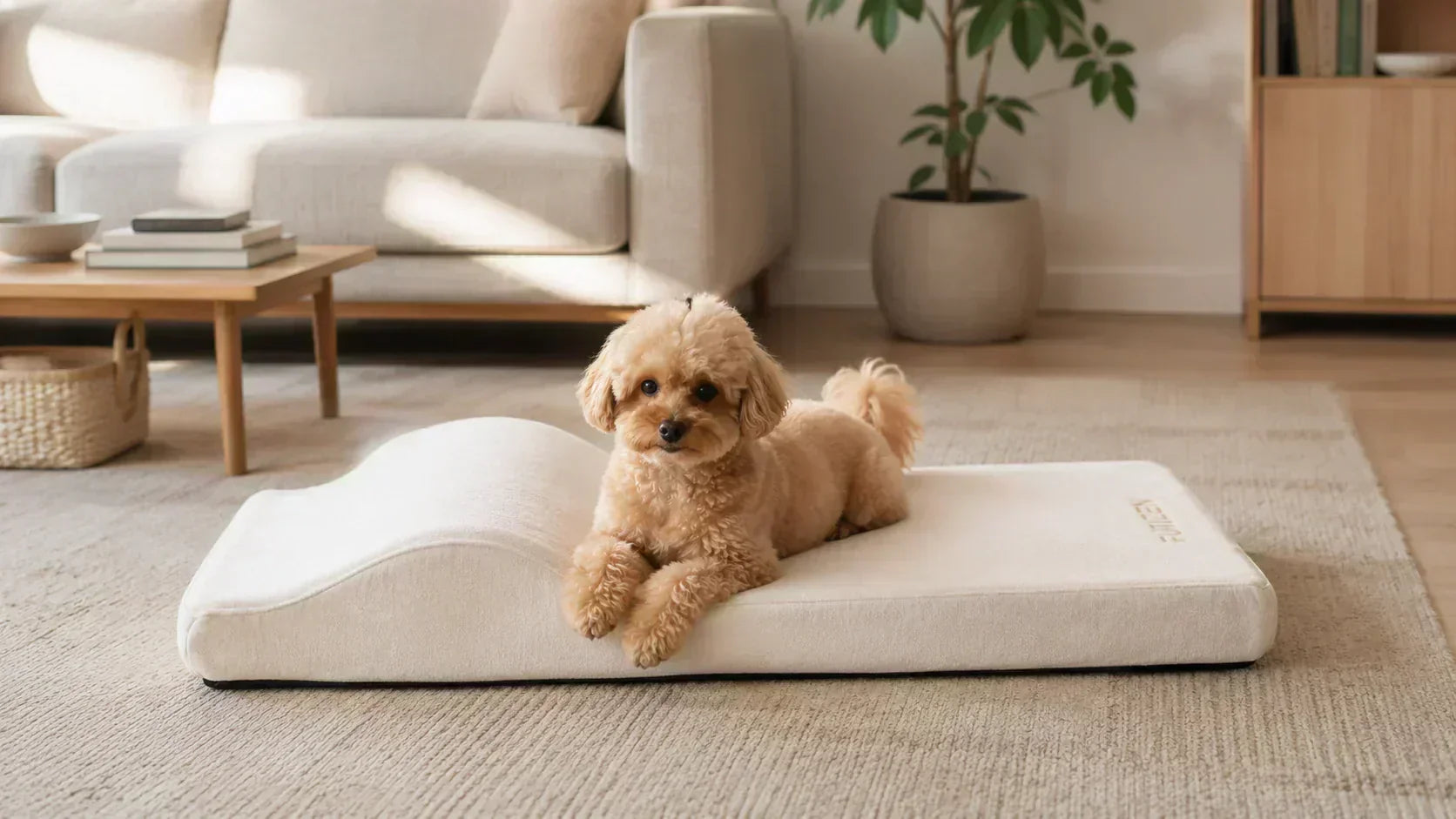 Small tan dog resting on a white orthopedic dog bed in a modern living room