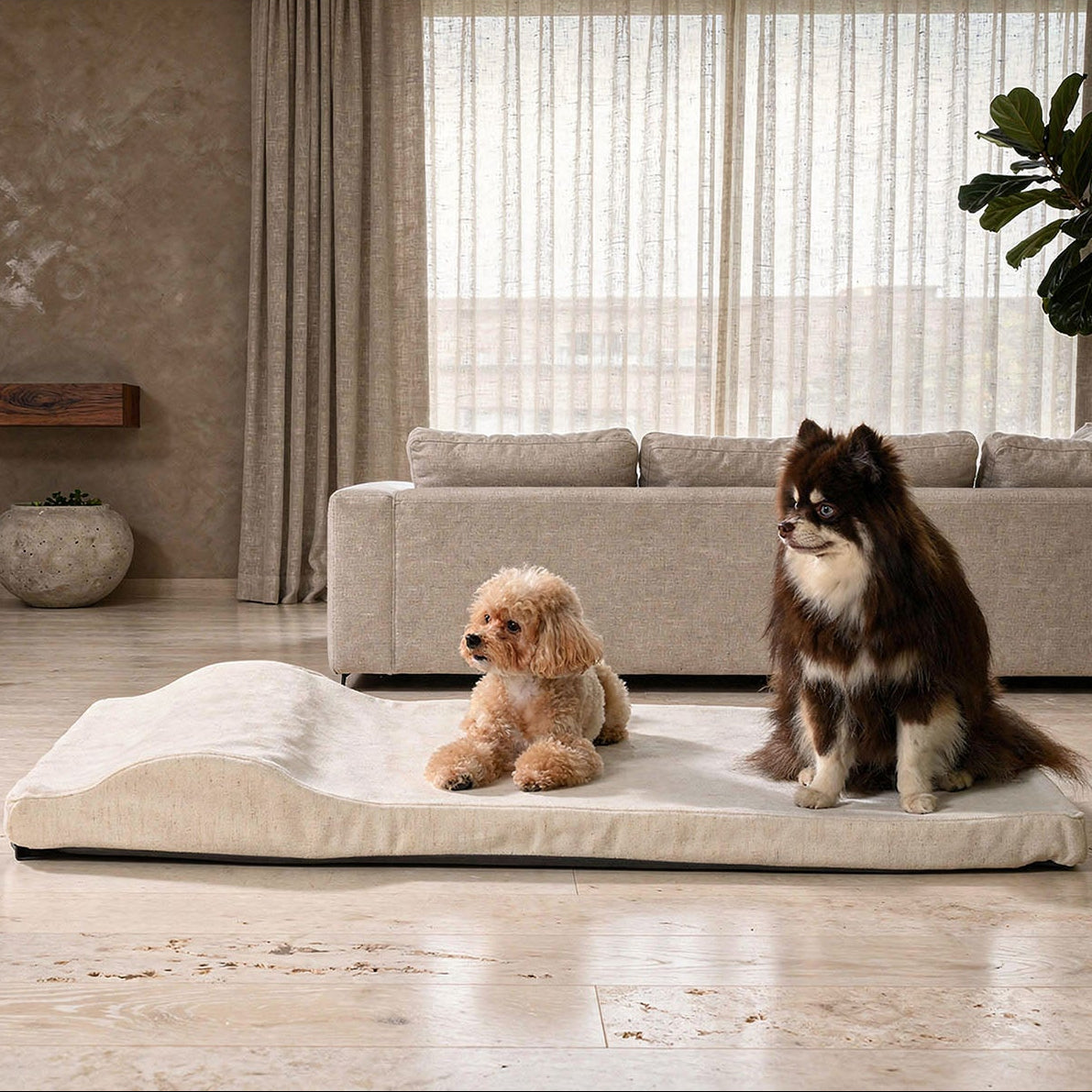 Zenest Ridge large beige washable orthopedic dog bed fits 48" crate, two dogs.