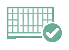 Green cage icon with a check mark on a white background